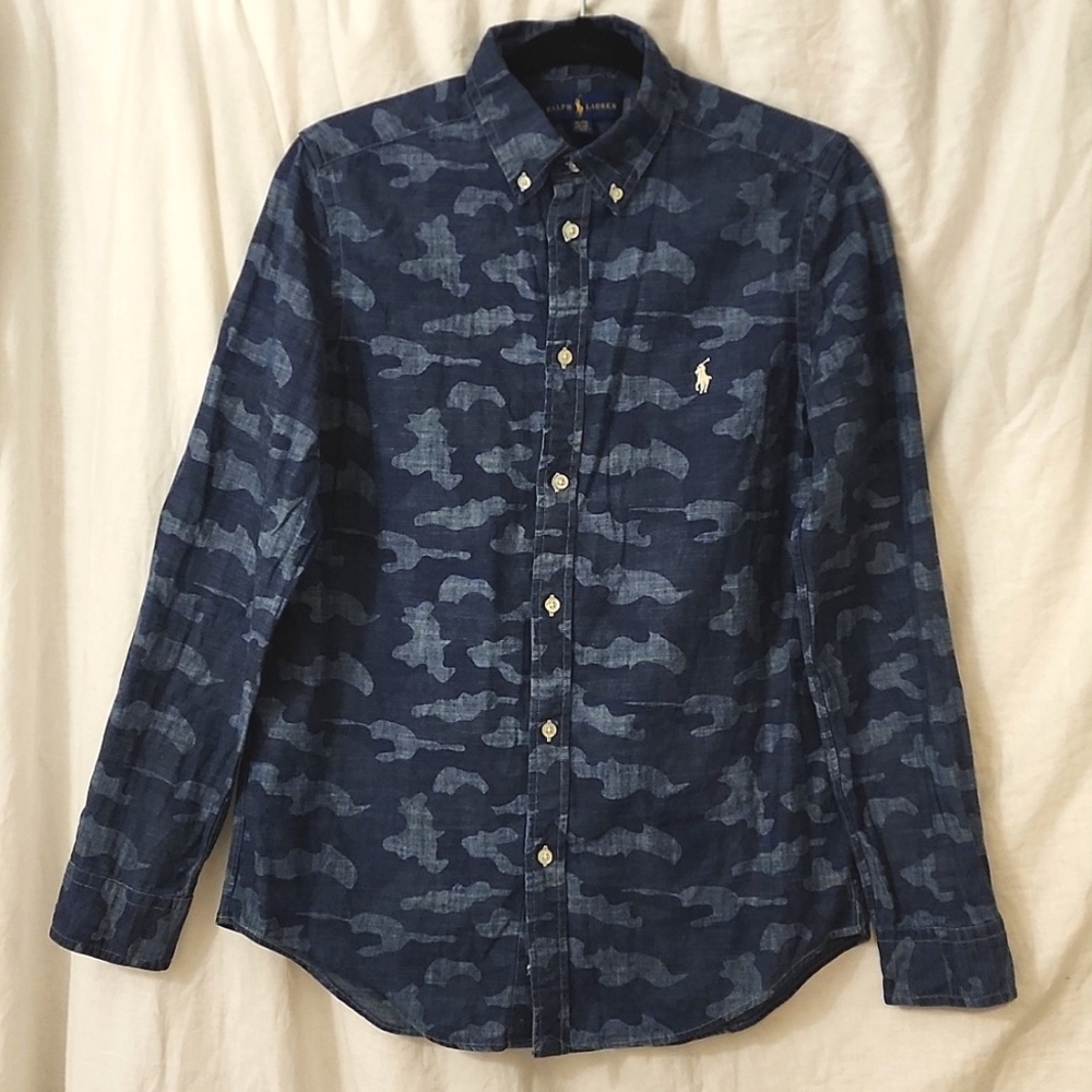 Ralph Lauren Denim Shirt, Boys Size XL(18-20), Blue Camouflage